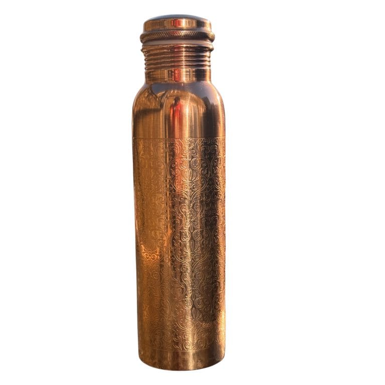 Etched pure copper water bottle front view