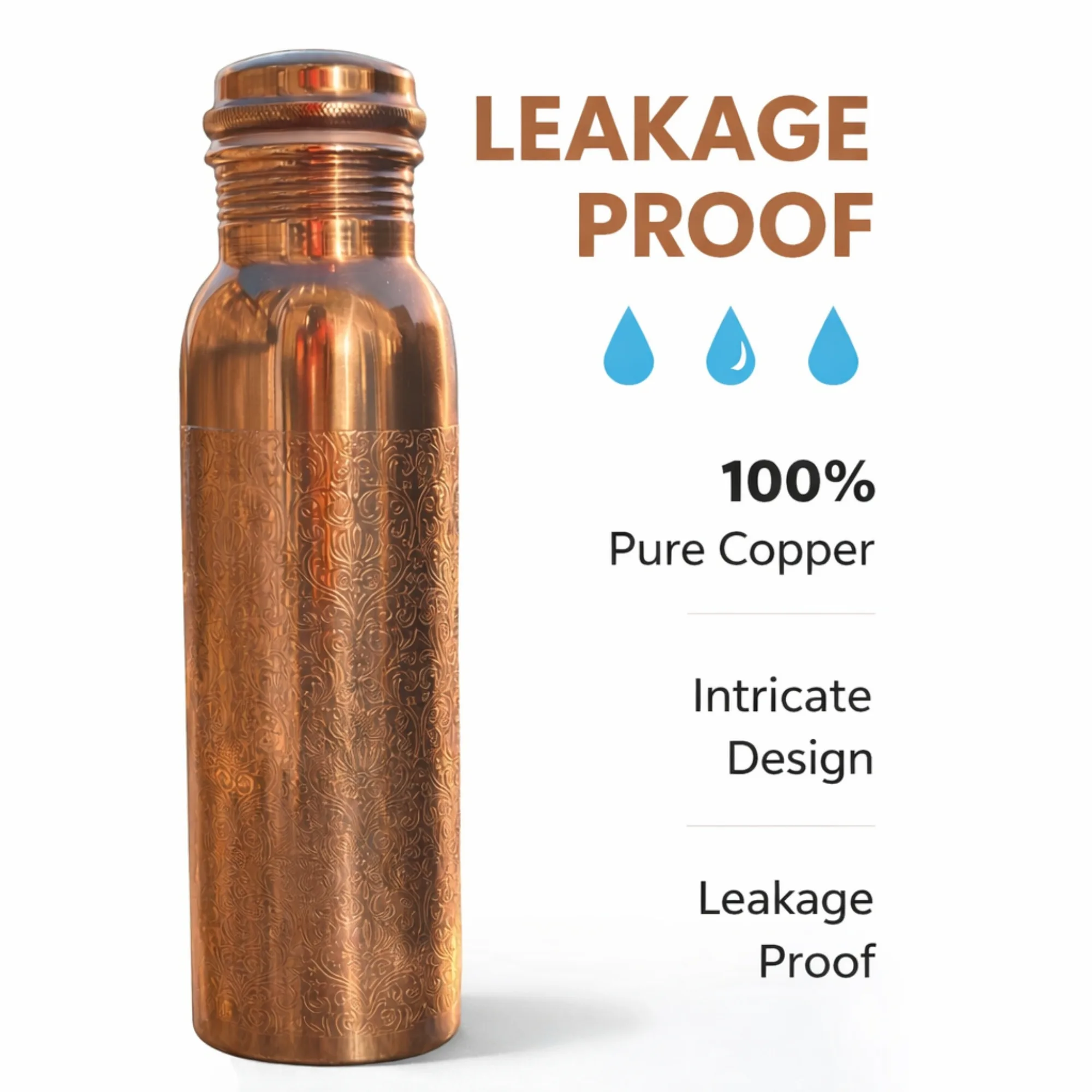 Etched Pure Copper Water Bottle Leak Proof Ayurvedic Drinking Bottle - Image 4