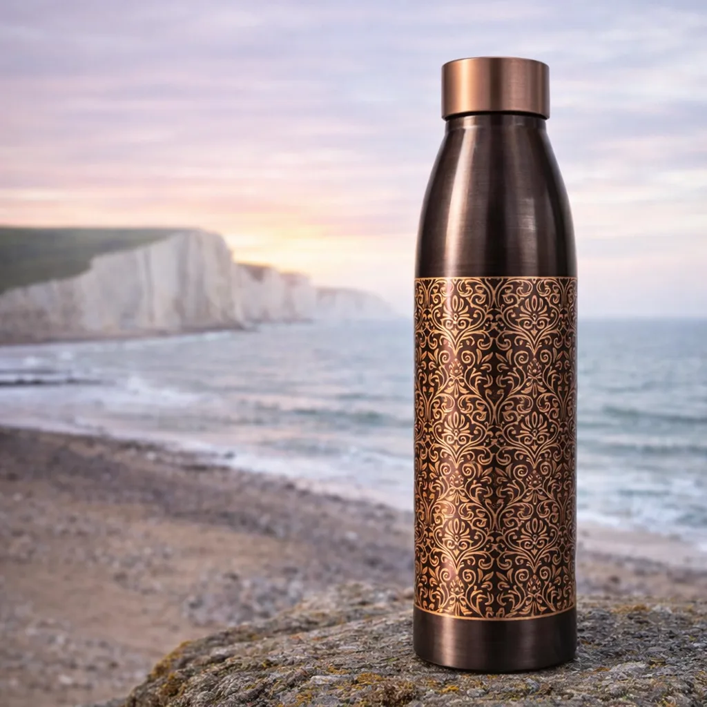 Copper Antique Etching Water Bottle Pure Copper Leak Proof Drinking Bottle 2 Copper water bottle with antique etching shown with cap