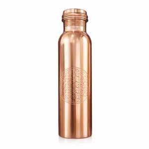 Pure copper water bottle 950ml with Flower of Life engraving on clean white background