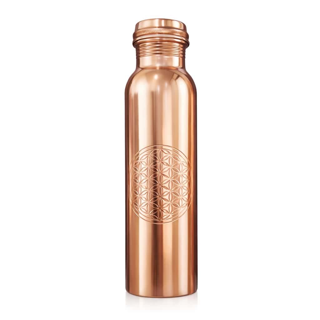 Copper Water Bottle 950ml Flower of Life Design 1 Pure copper water bottle 950ml with Flower of Life engraving on clean white background