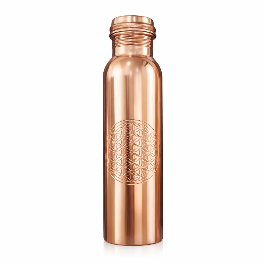 Pure copper water bottle 950ml with Flower of Life engraving on clean white background
