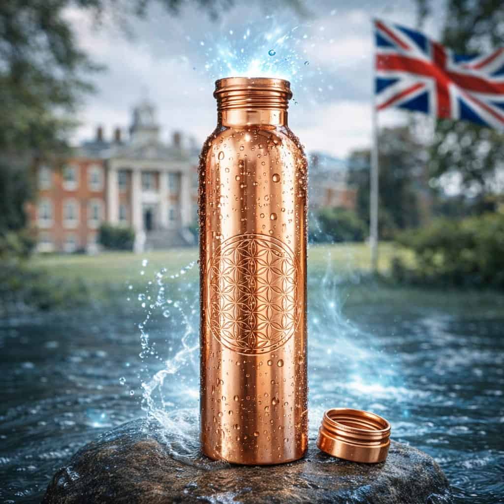 Copper Water Bottle 950ml Flower of Life Design 3 Pure copper water bottle 950ml with water droplets and open cap showing fresh hydration