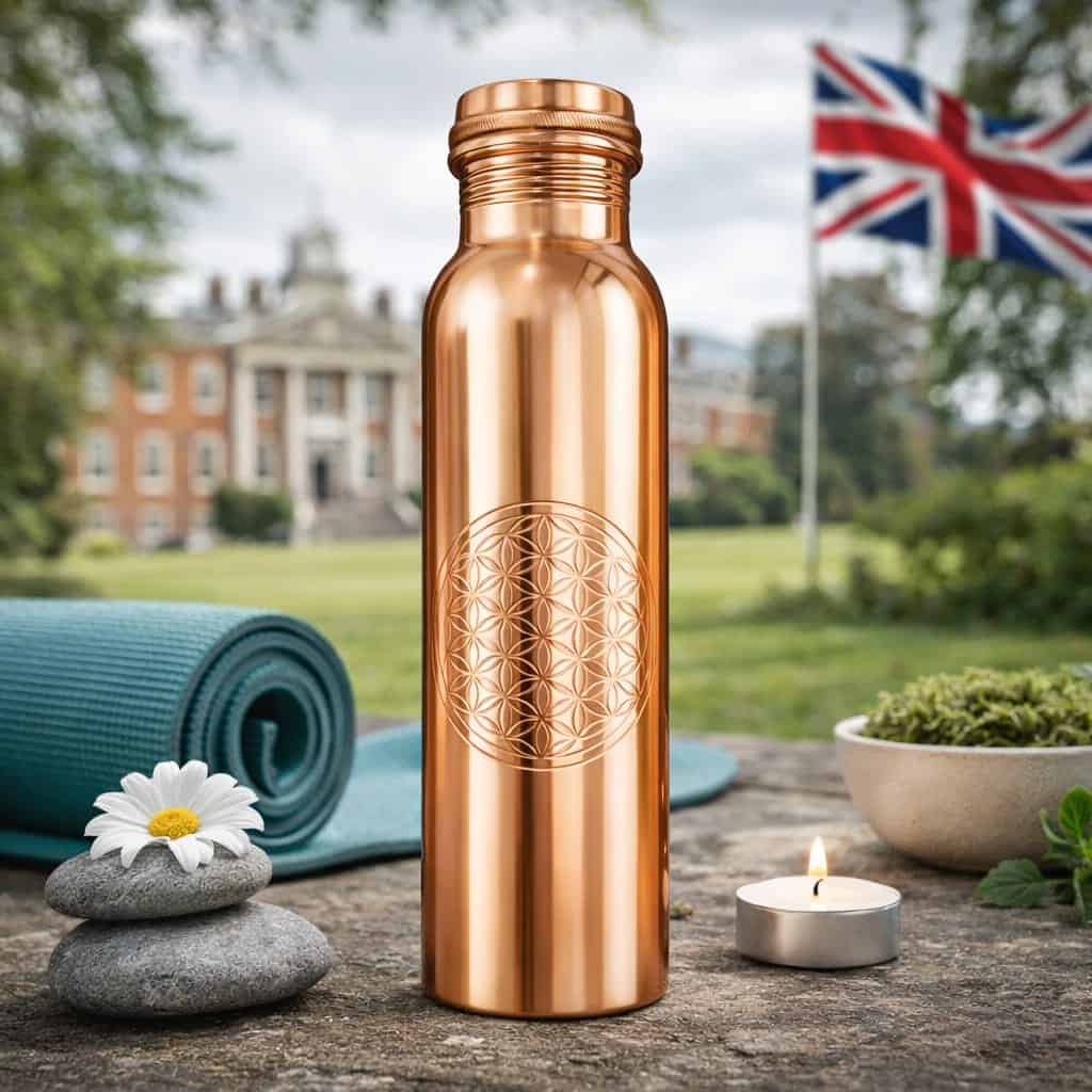 Copper Water Bottle 950ml Flower of Life Design 2 950ml copper water bottle with Flower of Life design placed in a wellness yoga setting