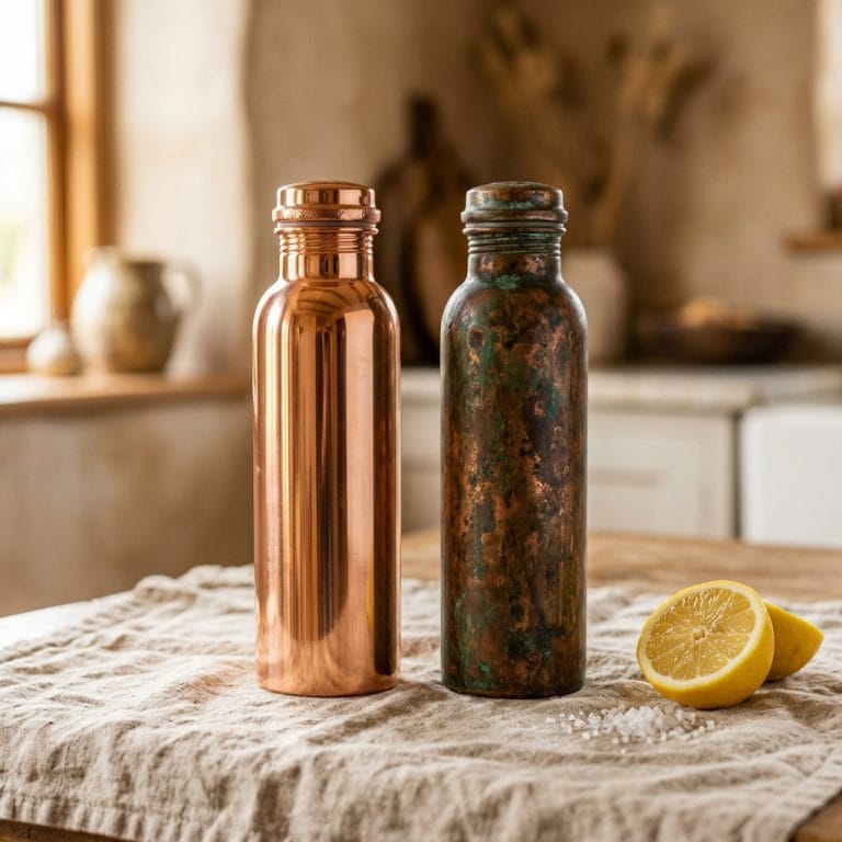 Copper water bottle showing natural patina and tarnish — disadvantages of copper water bottles explained