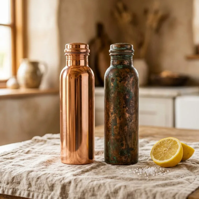 Copper water bottle showing natural patina and tarnish — disadvantages of copper water bottles explained