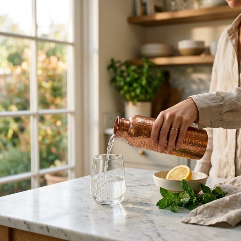 Person drinking water from a pure copper bottle in morning light — copper bottle health benefits