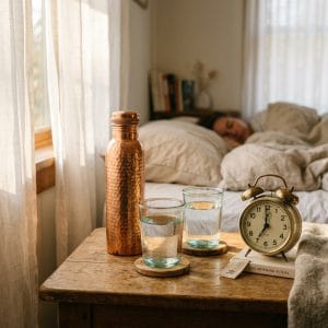 How Much Copper Water Can You Drink Per Day? The Expert Guide 8 Copper water bottle with two glasses of water on bedside table — how much copper water per day