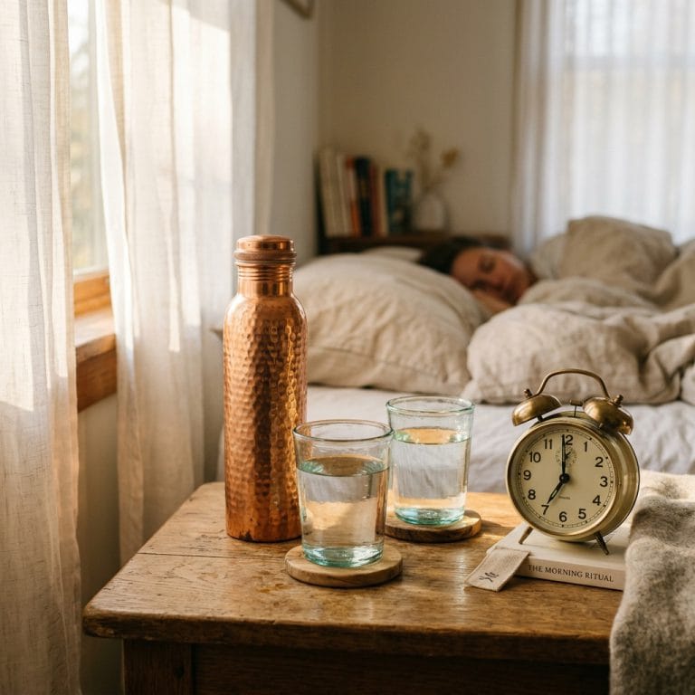 Copper water bottle with two glasses of water on bedside table — how much copper water per day