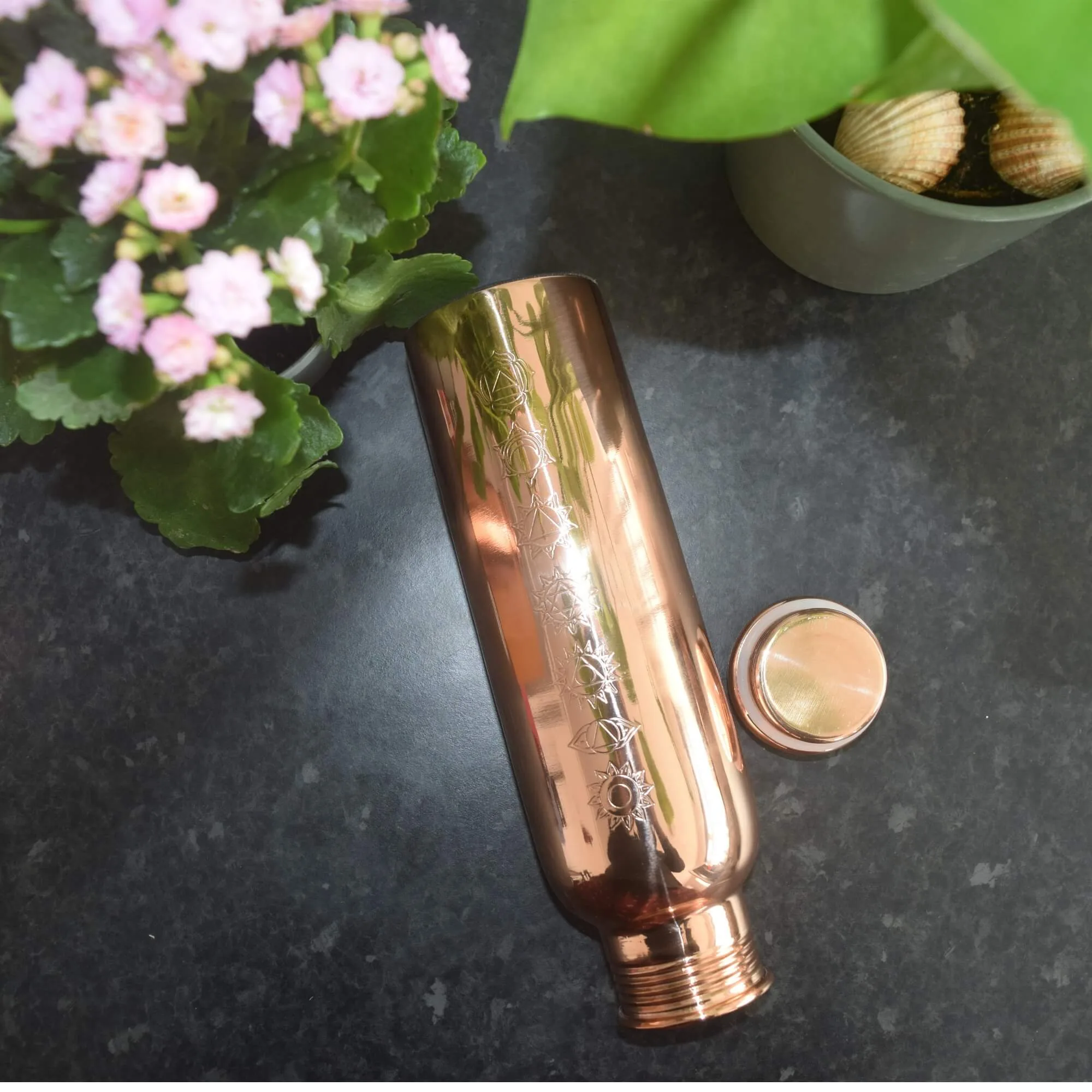 7 Chakra Copper Water Bottle 1L | Hand Etched Crown to Root | Yoga Gift For Her | UK Stock - Image 4