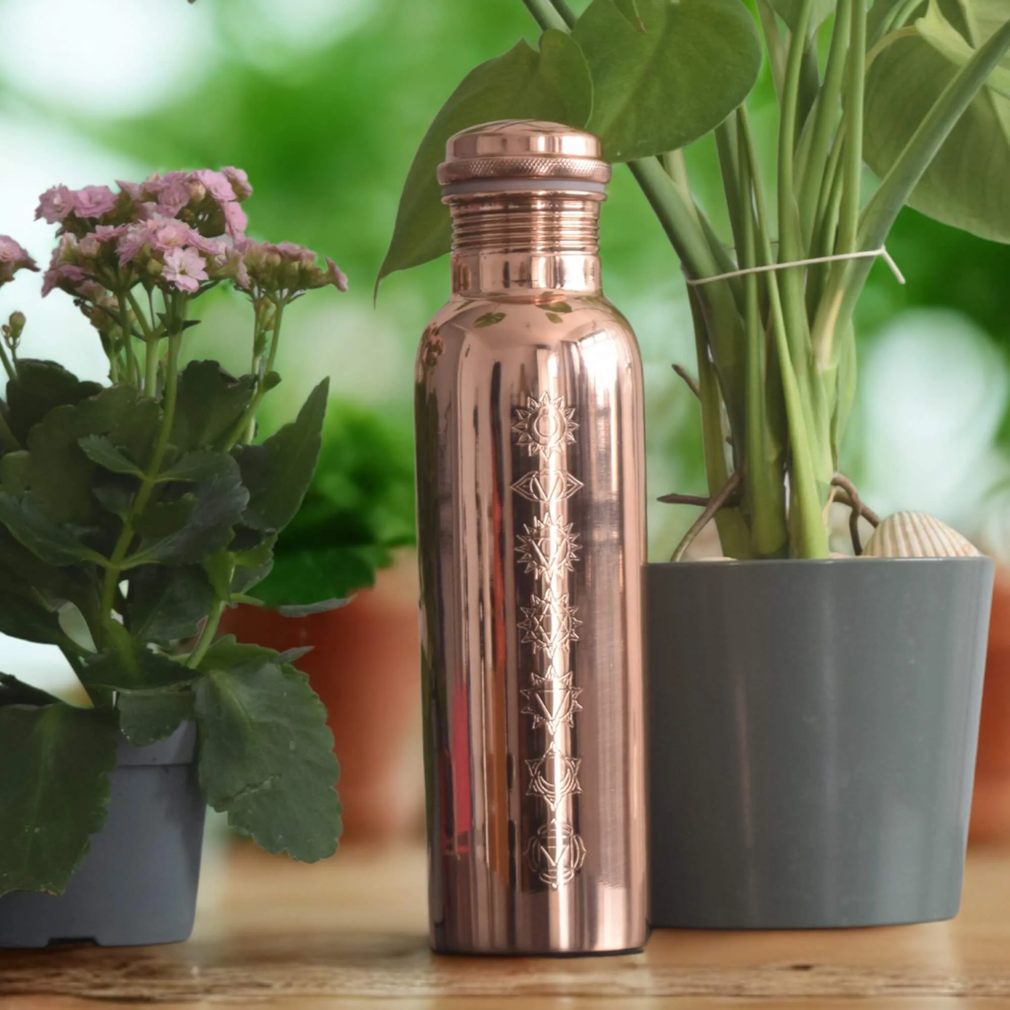 7 Chakra Copper Water Bottle 1L | Hand Etched Crown to Root | Yoga Gift For Her | UK Stock - Image 3