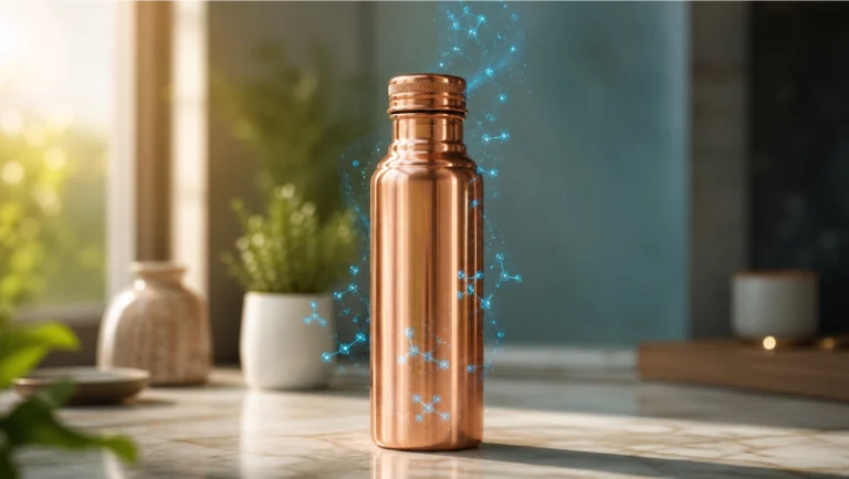 Pure copper water bottle on a wooden surface showing the antimicrobial oligodynamic effect of copper