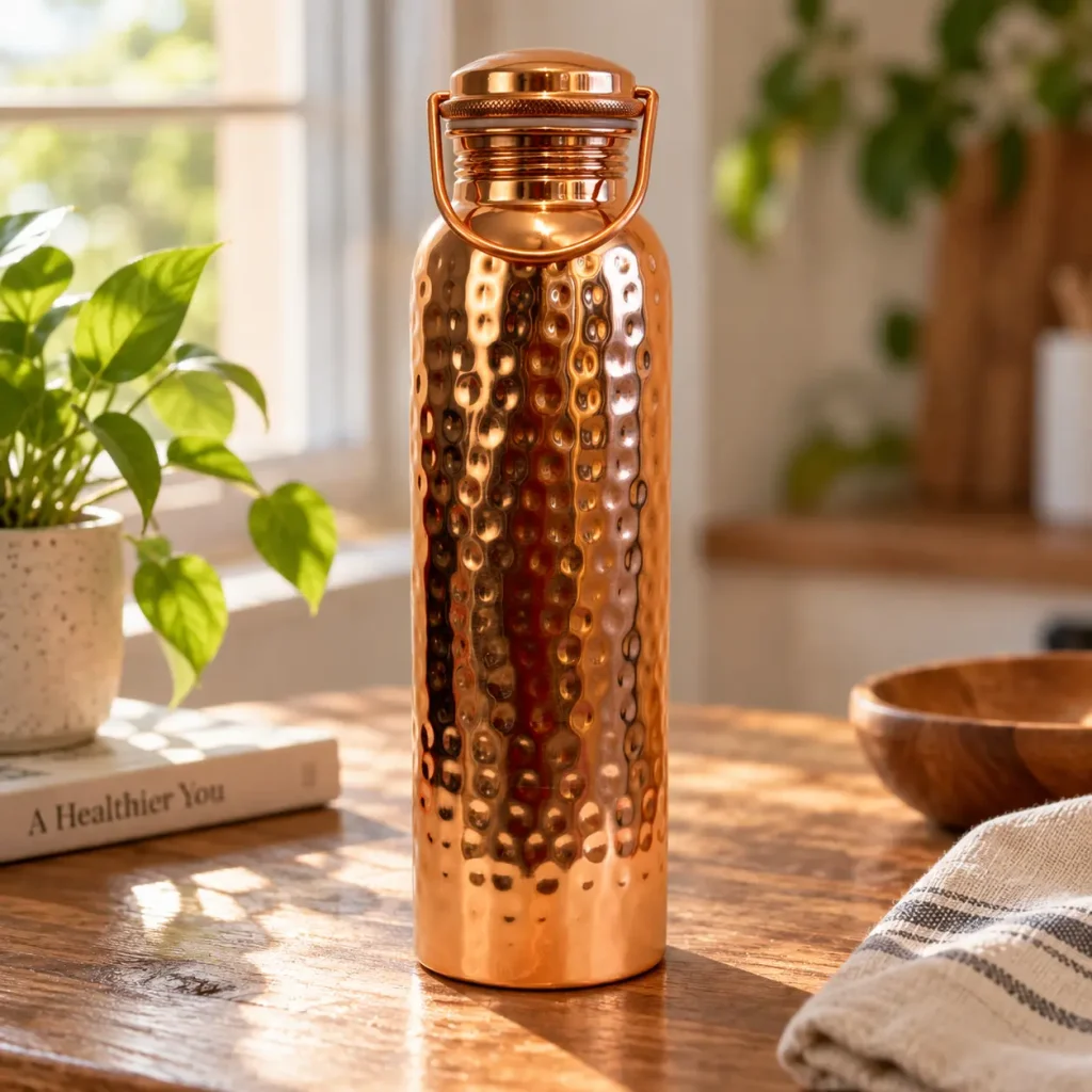 Hammered copper water bottle 1 litre — lifestyle, AM Stores UK