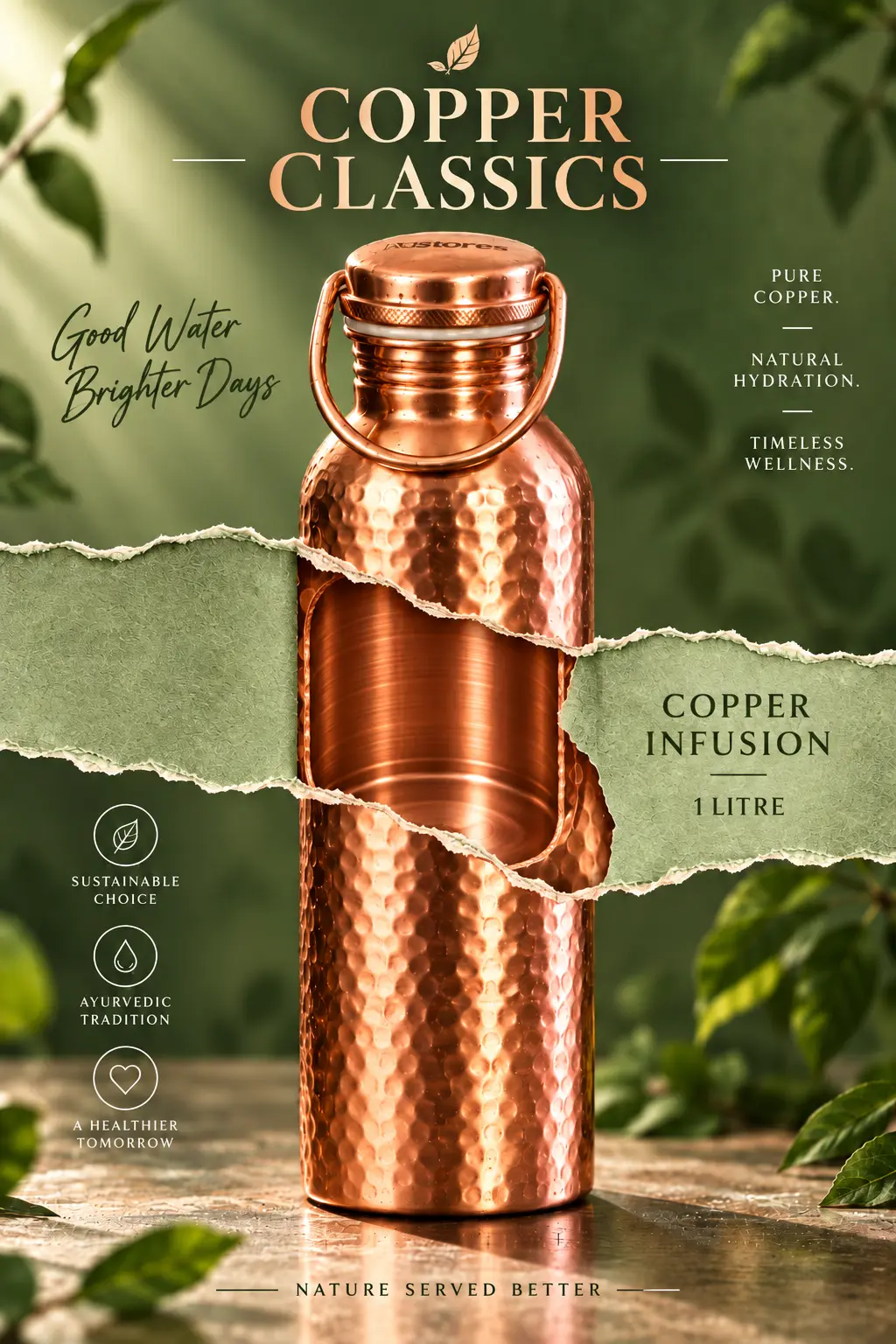 Hammered Copper Water Bottle 3 Hammered copper water bottle 1 litre — detail, AM Stores UK