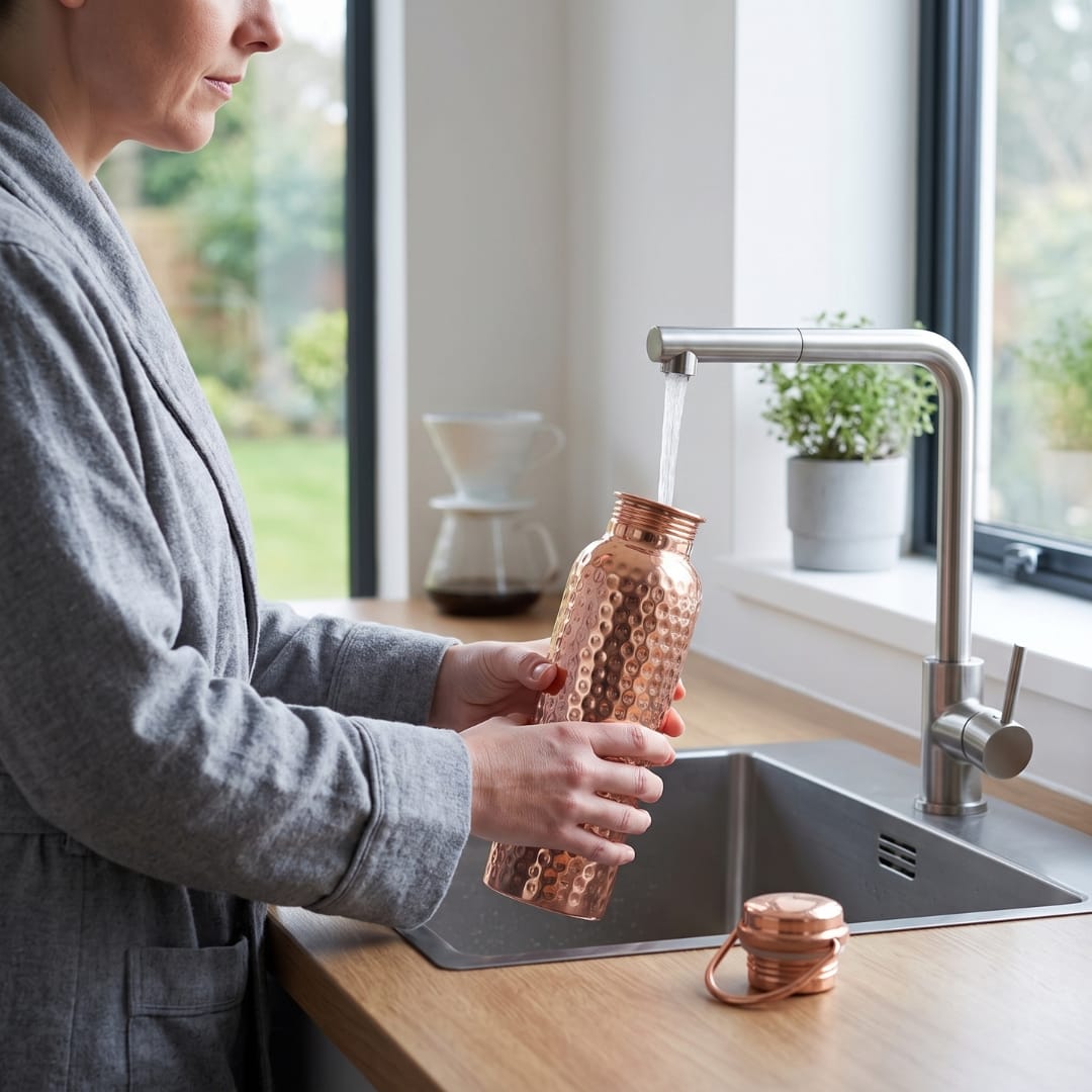 Hammered Copper Water Bottle 4 Hammered copper water bottle 1 litre — detail, AM Stores UK